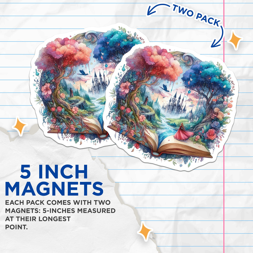 (2 Pack) Storybook Magnets - Fantasy Art Landscape - Magical Castle Scene Decor - Whimsical Reader Collector - 5 Inches On Longest Side - Thick Durable Magnet - Made in USA - MAG36149