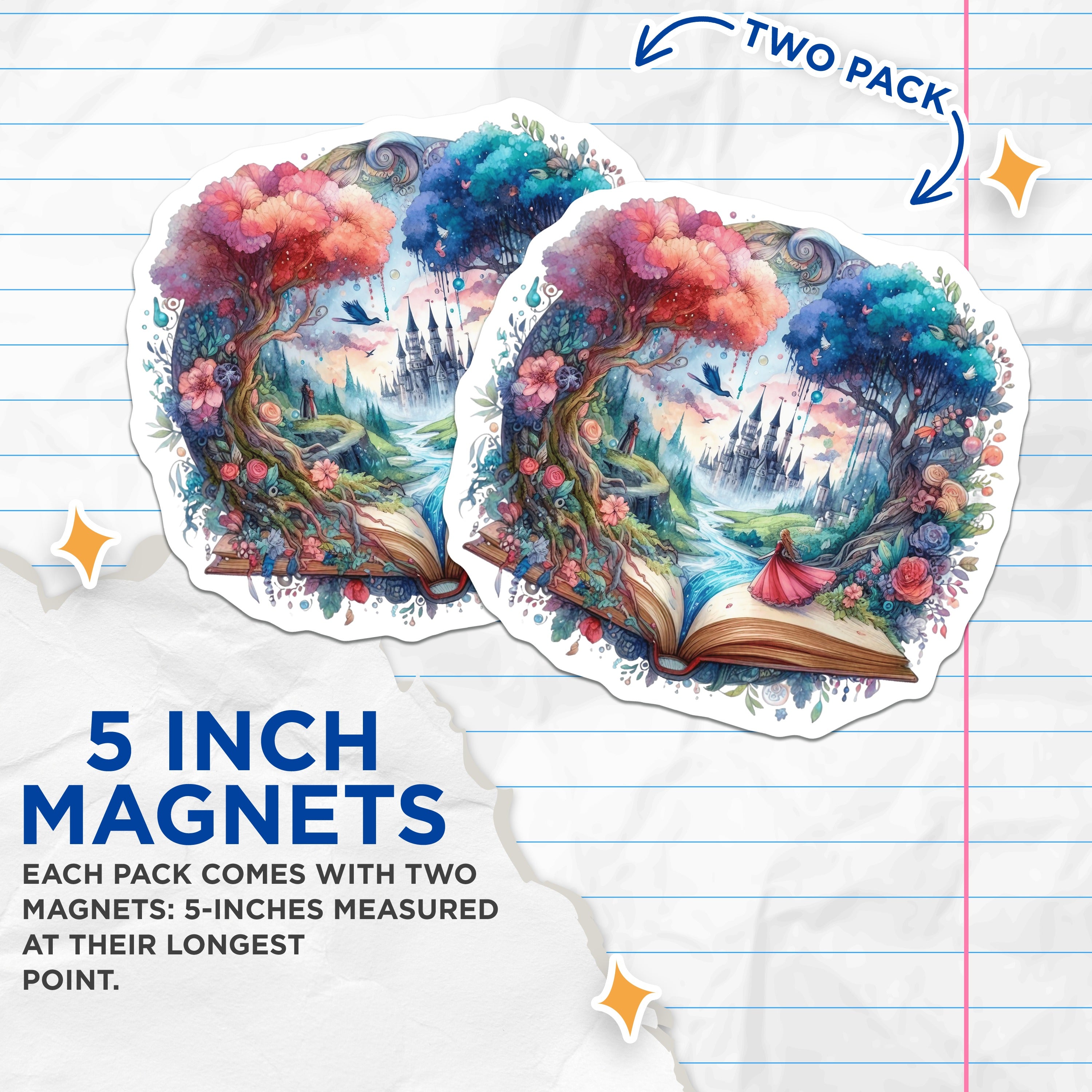 (2 Pack) Storybook Magnets - Fantasy Art Landscape - Magical Castle Scene Decor - Whimsical Reader Collector - 5 Inches On Longest Side - Thick Durable Magnet - Made in USA - MAG36149