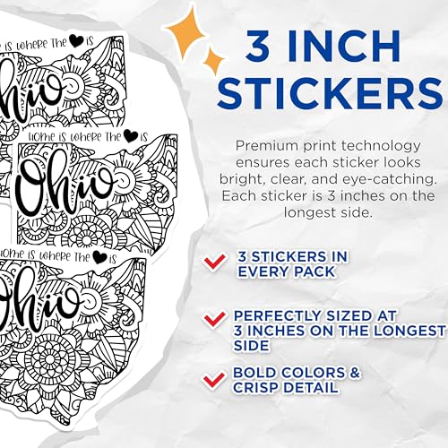 (3 Pack) Ohio State Decals - Home State Love - Floral Mandala Laptop Decals - 3 Inches On Longest Side - Easy Peel & Apply - Made in USA - 3MCS7848