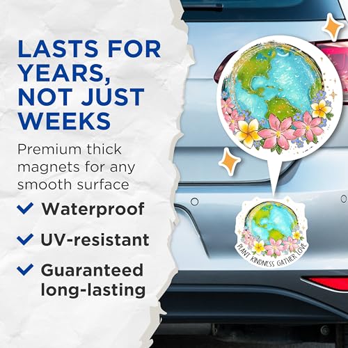 (2 Pack) Plant Kindness Gather Love Magnets - Floral Earth Magnets - Inspirational Quote Magnets - 5" On Longest Side - for Cars, Fridges, Toolboxes - Made in USA - MAG4161