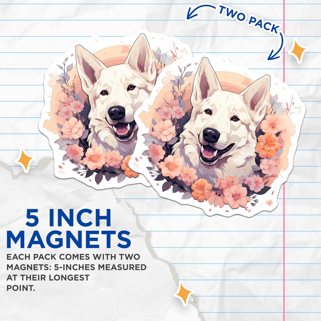 (2 Pack) White Swiss Shepherd Magnets - Floral Dog Art Decor - Pet Lover Aesthetic - Refrigerator Locker Accent - 5 Inches On Longest Side - Thick Durable Magnet - Made in USA - MAG24832