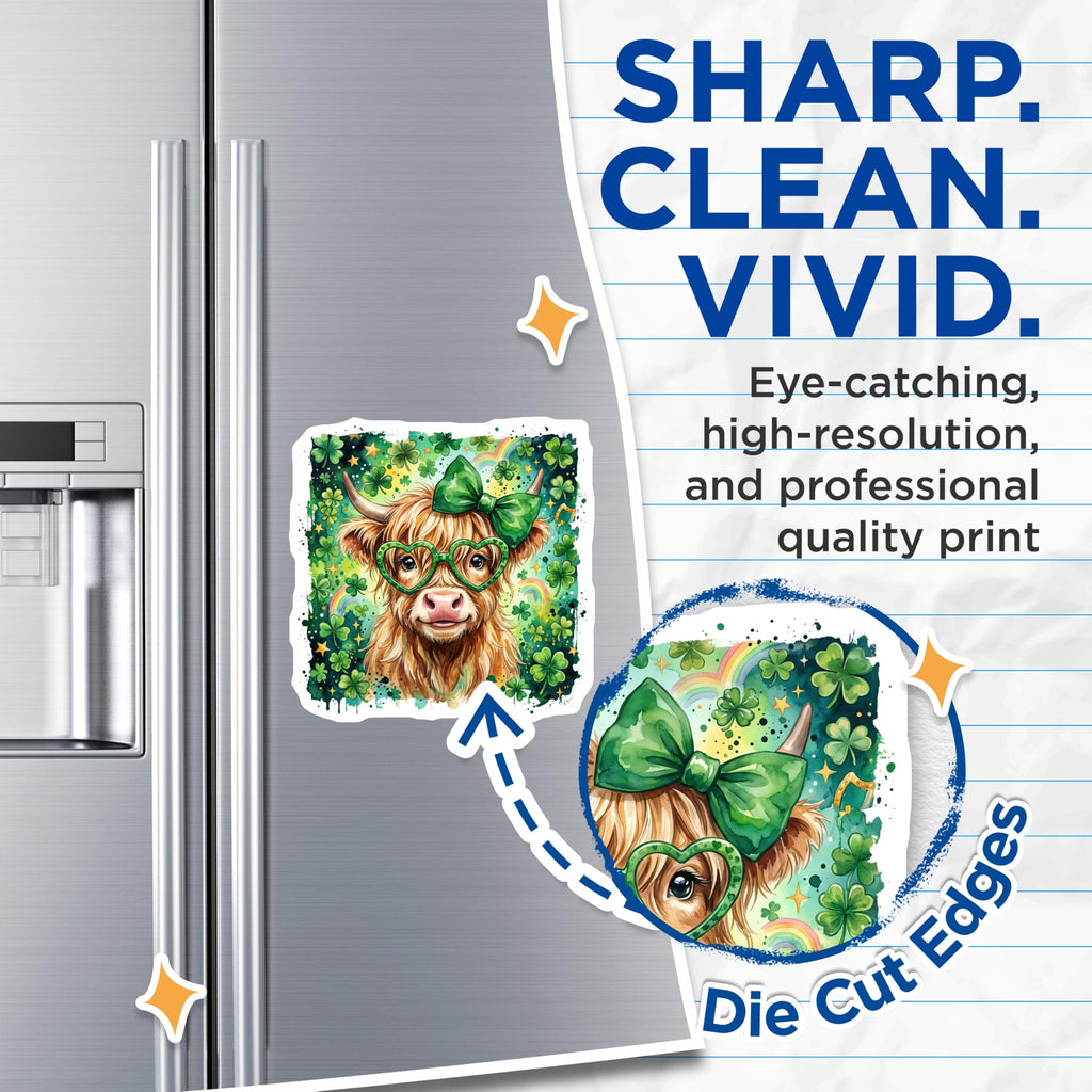 (2 Pack) St Patricks Day Cow Magnets - Irish Highland Cattle - Clover Magnets - 5" On Longest Side - Premium Magnet - for Cars, Refrigerators, Toolboxes, Lockers - Made in USA - MAG16175