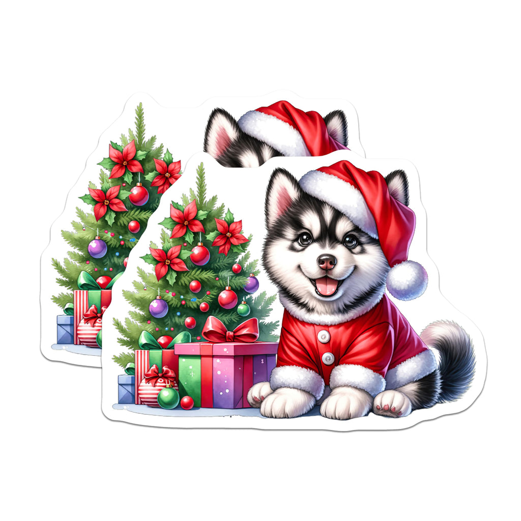 (2 Pack) Christmas Dog Magnets - Santa Puppy Holiday Art - Cute Husky Fridge Accessories - 5 Inches On Longest Side - Thick Durable Magnet - Made in USA - MAG30090