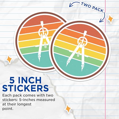 (2 Pack) Geometric Compass Stickers - Retro Circle Stickers - Vintage Design Stickers - 5" On Longest Side - Sticks to Smooth Flat Surfaces - Made in USA - BMCS4755