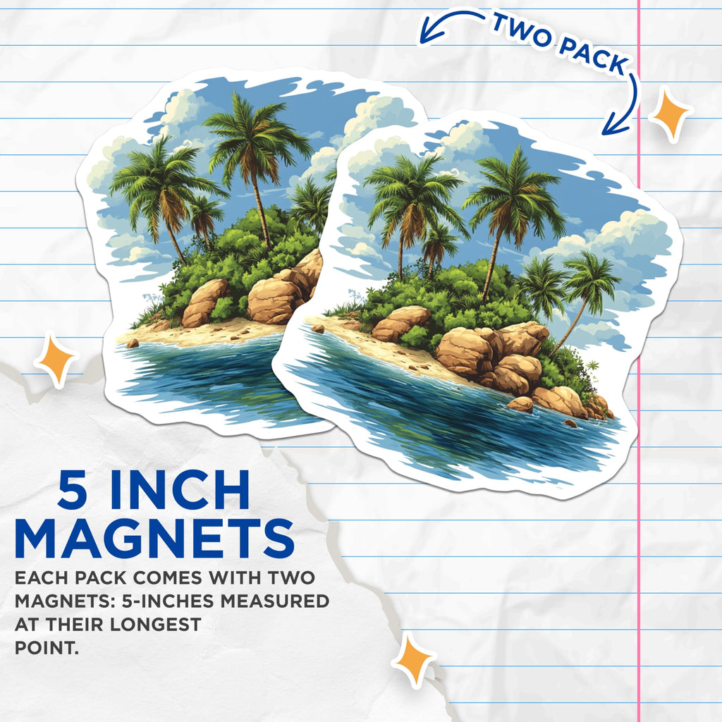 (2 Pack) Tropical Island Magnets - Palm Tree Beach - Vacation Decor Paradise - 5 Inches On Longest Side - Thick Durable Magnet - Made in USA - MAG30372