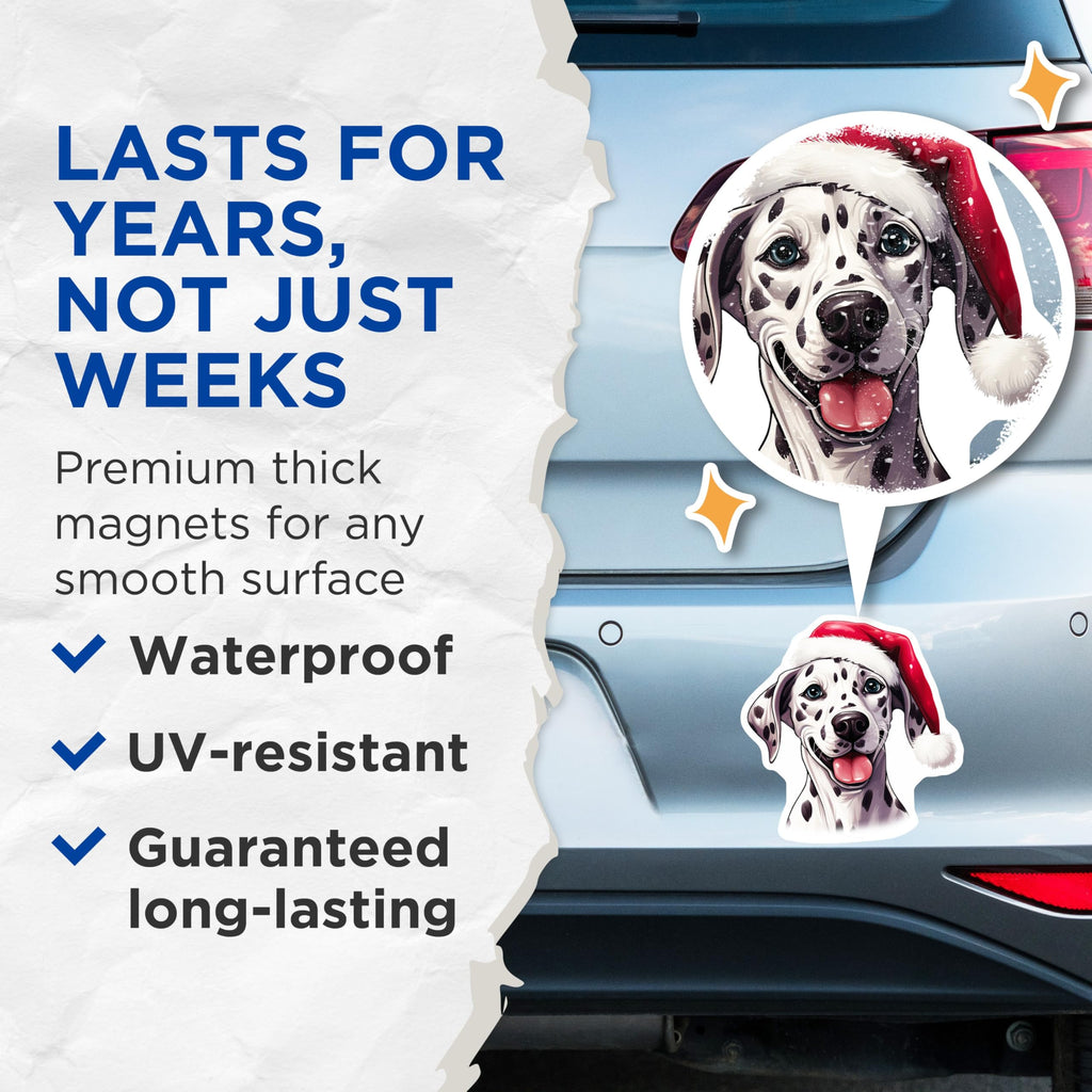 (2 Pack) Christmas Dalmatian Magnets - Santa Hat Dog Decor - Holiday Animal Refrigerator - 5 Inches On Longest Side - Thick Durable Magnet - Made in USA - MAG30896