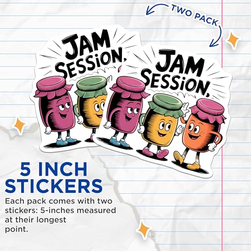 (2 Pack) Cute Jam Session Stickers - Funny Jam Jar - Music Theme - 5" On Longest Side - Sticks to Smooth Flat Surfaces - Made in USA - BMCS7635
