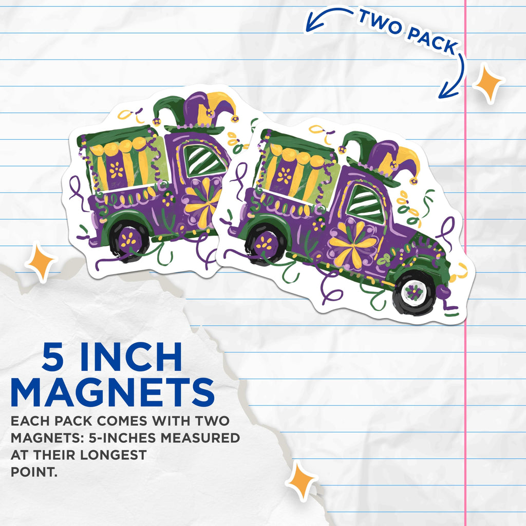 (2 Pack) Mardi Gras Truck Magnets - Purple Green Gold - Festive Vehicle Decor - 5" On Longest Side - Premium Magnet - for Cars, Refrigerators, Toolboxes, Lockers - Made in USA - MAG16025