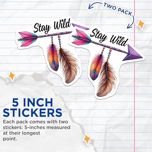 (2 Pack) Stay Wild Stickers - Arrow Feather Design - Boho Art Decal - 5" On Longest Side - Sticks to Smooth Flat Surfaces - Made in USA - BMCS7545