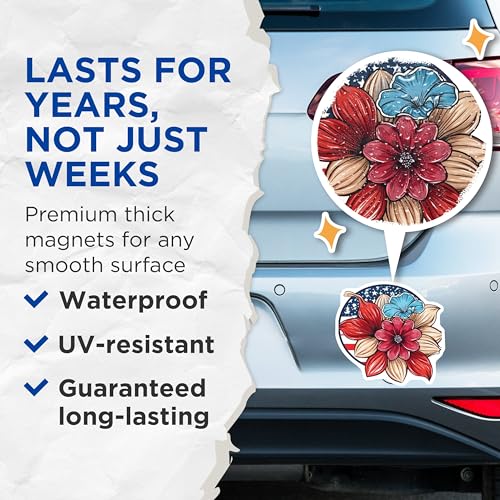 (2 Pack) Patriotic Flower Magnets Magnets - American Flag Floral Decor - Rustic Home Accent - 5" On Longest Side - Made in USA - Sticks to Refrigerators & Metal Surfaces - MAG8986