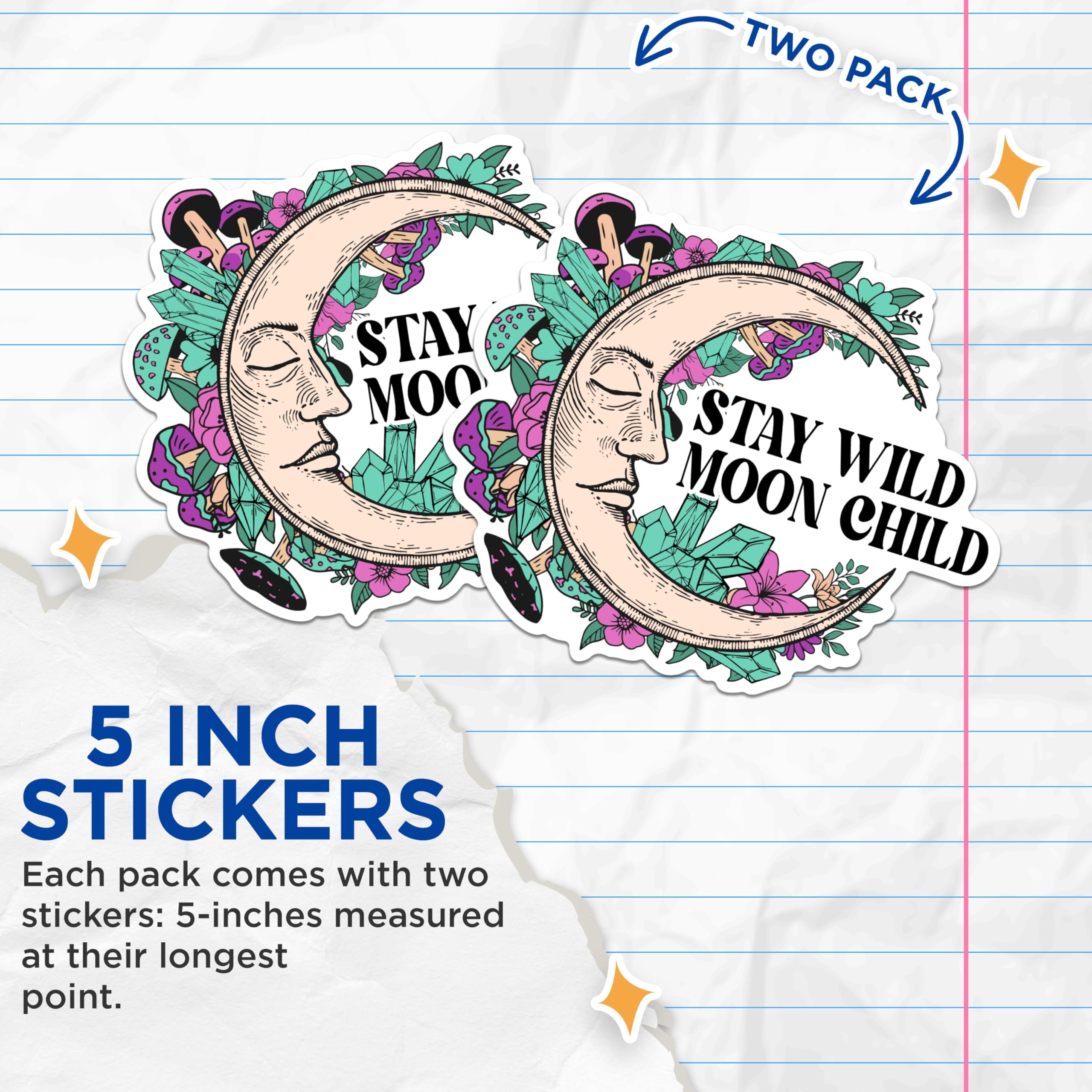 (2 Packs) Stay Wild Moon Child Stickers - Mystical Magical Spiritual Decals - 5 Inches On Longest Side - Premium Vinyl Decal - Sticks to Any Smooth Flat Surface - Made in USA - BMCS2524