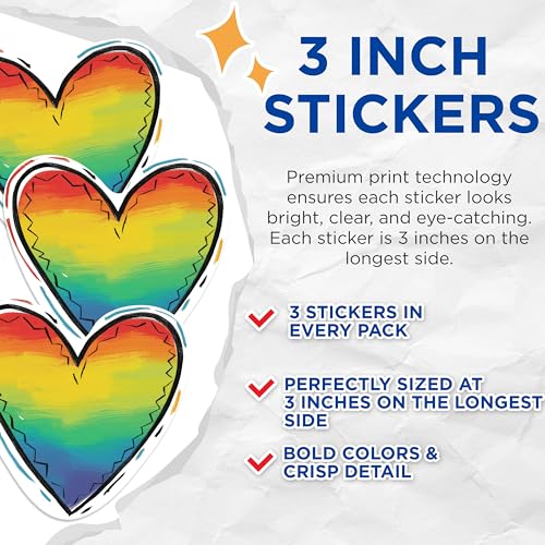 (3 Pack) Rainbow Heart Decals - Pride Heart Stickers - Laptop Decals - 3 Inches On Longest Side - Easy Peel & Apply - Made in USA - 3MCS1153
