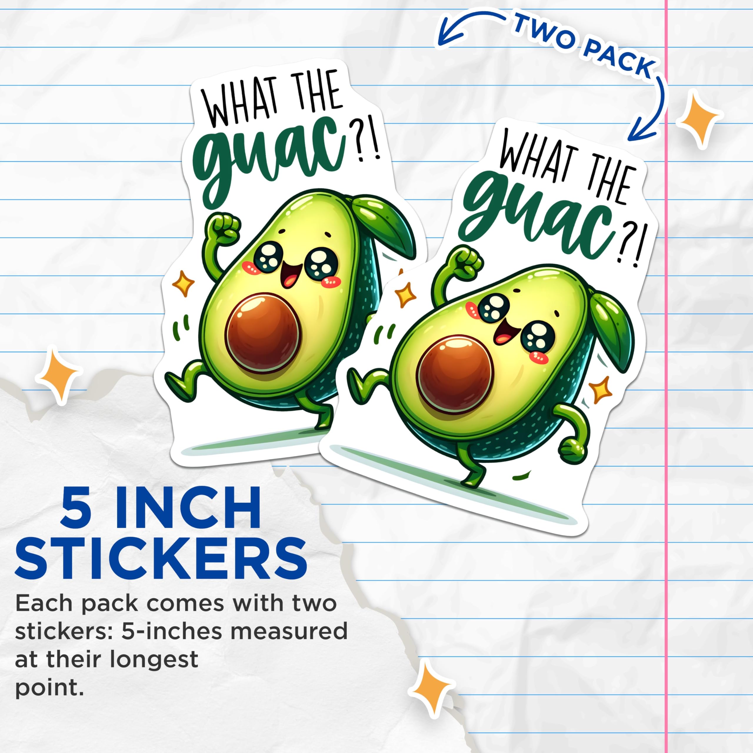 (2 Pack) What The Guac Stickers - 5" On Longest Side - Sticks to Smooth Flat Surfaces - Made in USA - BMCS8792 - BMCS8792