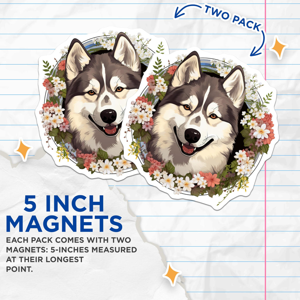 (2 Pack) Smiling Husky Dog Magnets - Floral Pet Lover Decor - Cute Animal Themed Kitchen Accessory - 5 Inches On Longest Side - Thick Durable Magnet - Made in USA - MAG26164