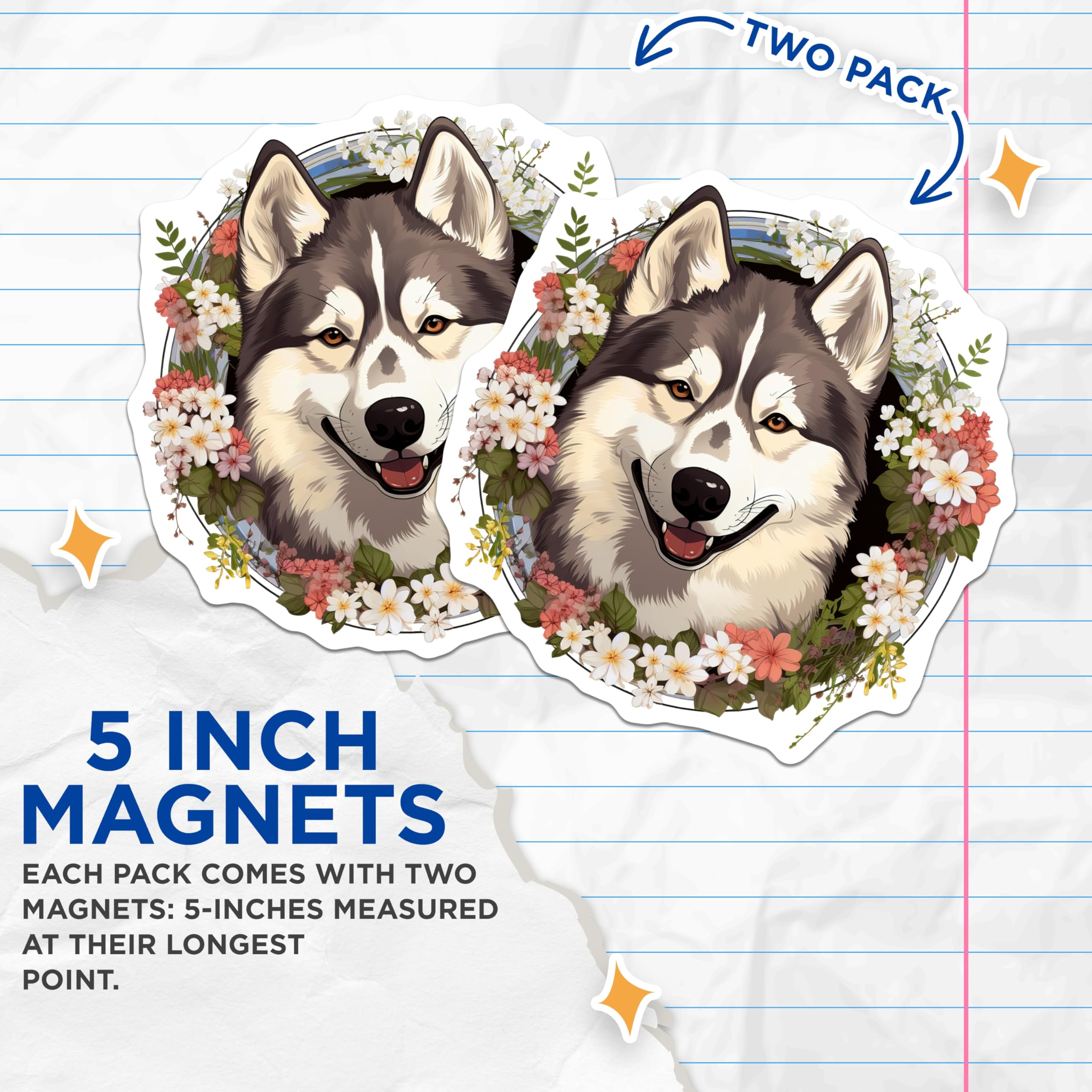(2 Pack) Smiling Husky Dog Magnets - Floral Pet Lover Decor - Cute Animal Themed Kitchen Accessory - 5 Inches On Longest Side - Thick Durable Magnet - Made in USA - MAG26164