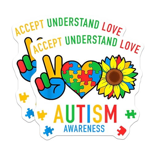 (2 Pack) Accept Understand Love Magnets - Autism Awareness Magnets - Peace Love Inclusion Magnets - 5" On Longest Side - for Cars, Refrigerators, Toolboxes, Lockers - Made in USA MAG3574
