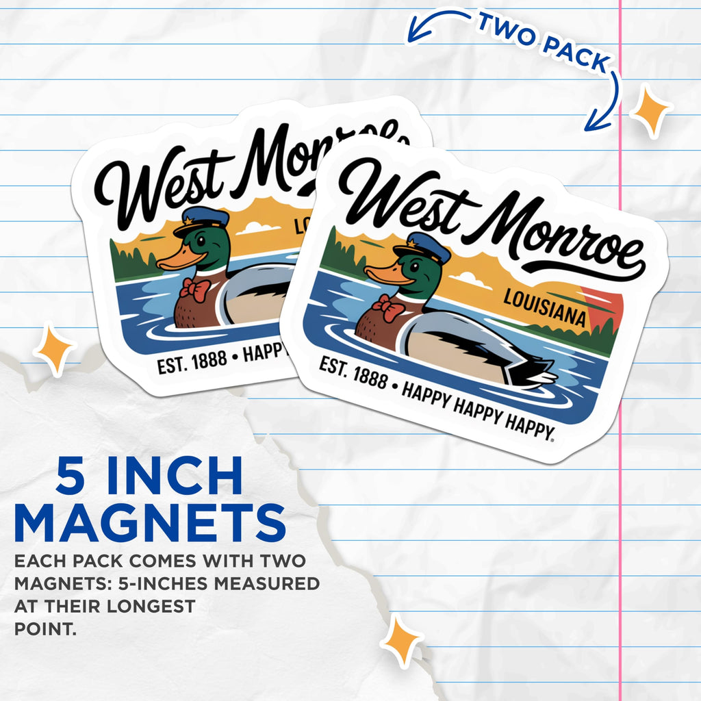 (2 Pack) West Monroe Louisiana Magnets - Duck Captain Decor - Fridge Accessories - 5" On Longest Side - Premium Magnet - for Cars, Refrigerators, Toolboxes, Lockers - Made in USA - MAG18102