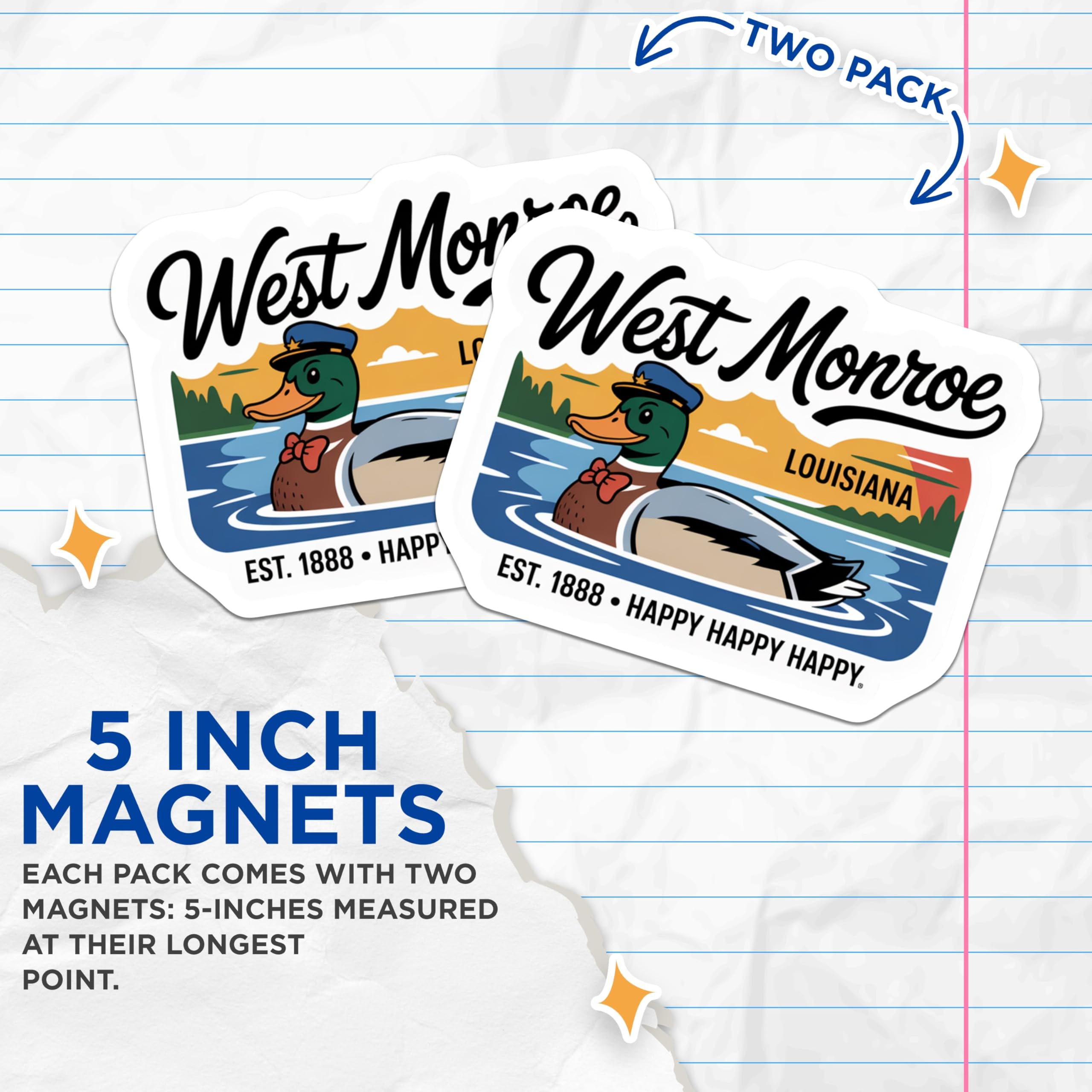 (2 Pack) West Monroe Louisiana Magnets - Duck Captain Decor - Fridge Accessories - 5" On Longest Side - Premium Magnet - for Cars, Refrigerators, Toolboxes, Lockers - Made in USA - MAG18102