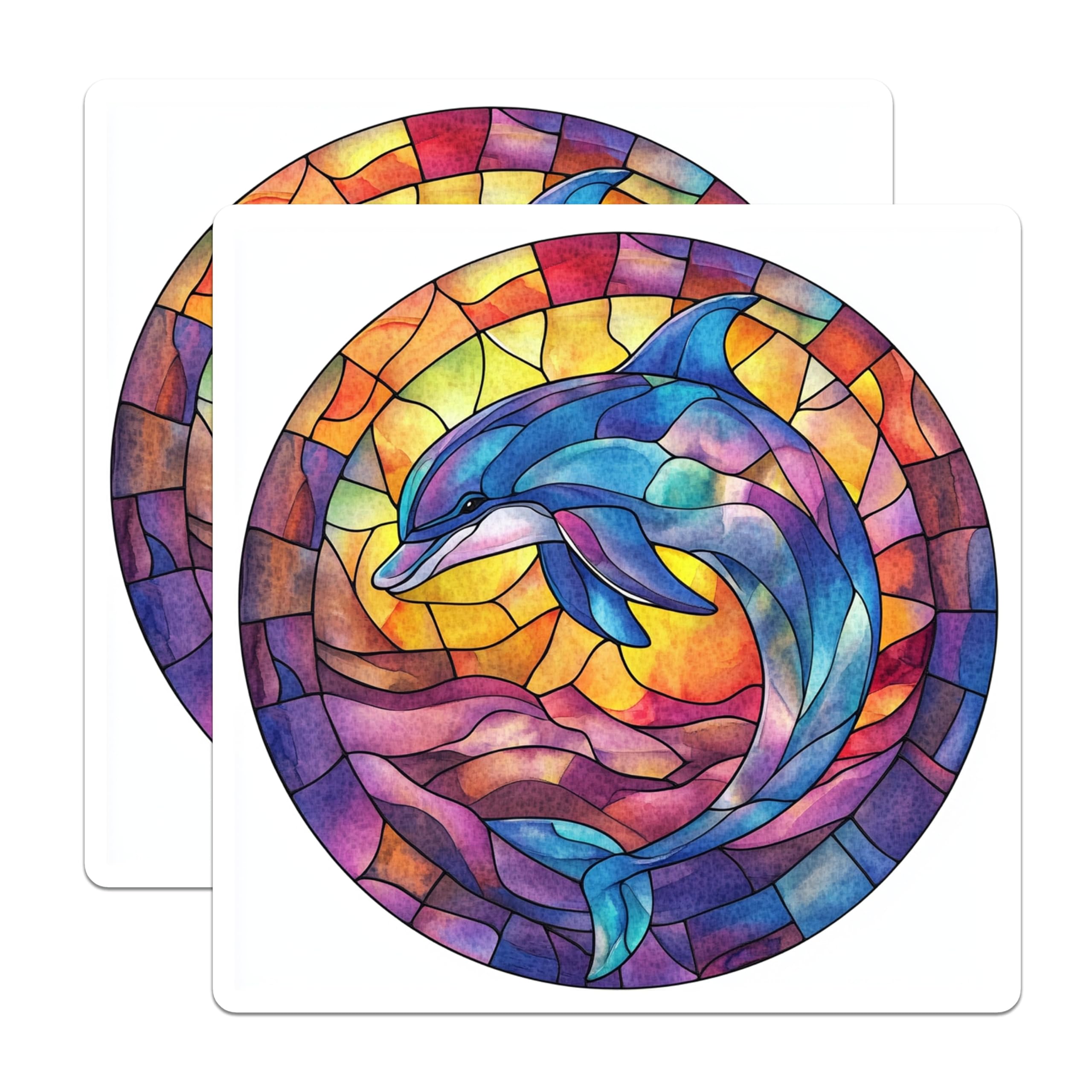 (2 Pack) Stained Glass Dolphin Magnets - Vibrant Ocean Sea Life Art - Coastal Decor Refrigerator Accessories - 5 Inches On Longest Side - Thick Durable Magnet - Made in USA - MAG26132