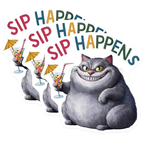 (3 Pack) Sip Happens Cat Decals - Funny Feline - Cocktail Drink Decals - 3 Inches On Longest Side - Easy Peel & Apply - Made in USA - 3MCS7977