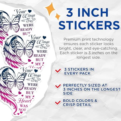 (3 Pack) Butterfly Wing Decals - Memorial Saying Decal - Heart Decals - 3 Inches On Longest Side - Easy Peel & Apply - Made in USA - 3MCS2490
