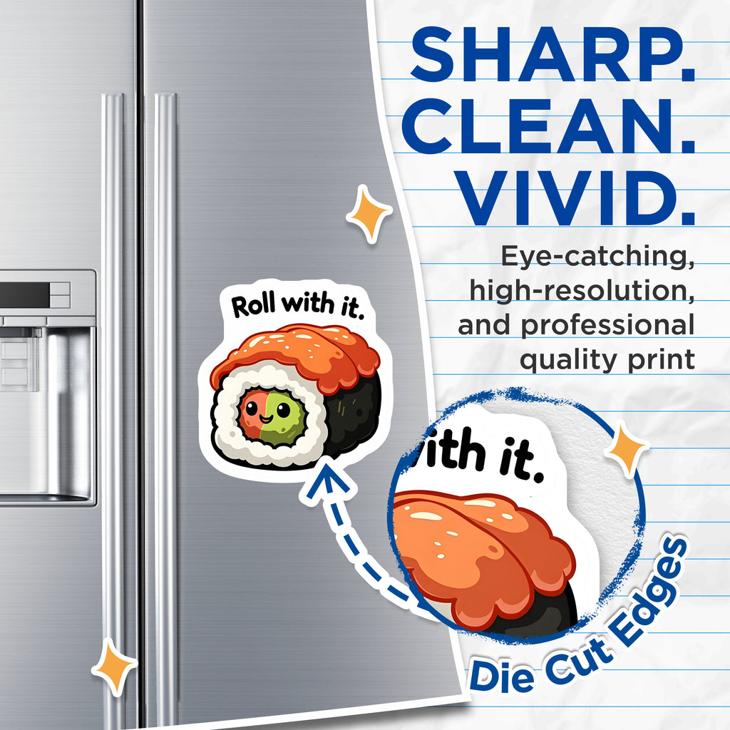 (2 Pack) Cute Sushi Magnets - Roll with It Pun - Kawaii Food Decor - Optimistic Fridge Accessories - Kitchen Home Reminder - 5 Inches On Longest Side - Thick Durable Magnet - Made in USA - MAG38478
