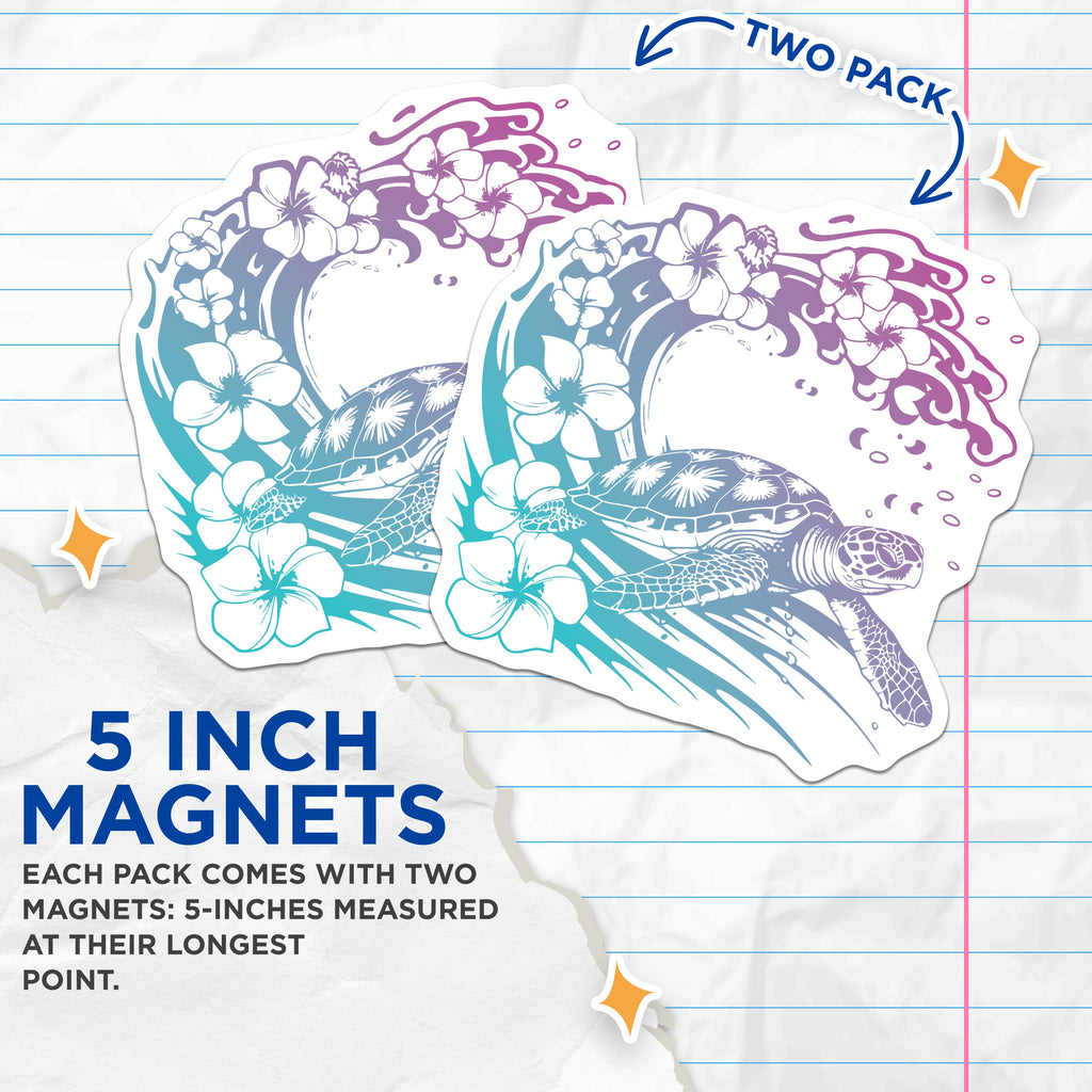 (2 Pack) Sea Turtle Magnets - Hawaiian Honu Ocean Wave - Tropical Plumeria Fridge Decor - Beach House Aesthetic - 5 Inches On Longest Side - Thick Durable Magnet - Made in USA - MAG36879