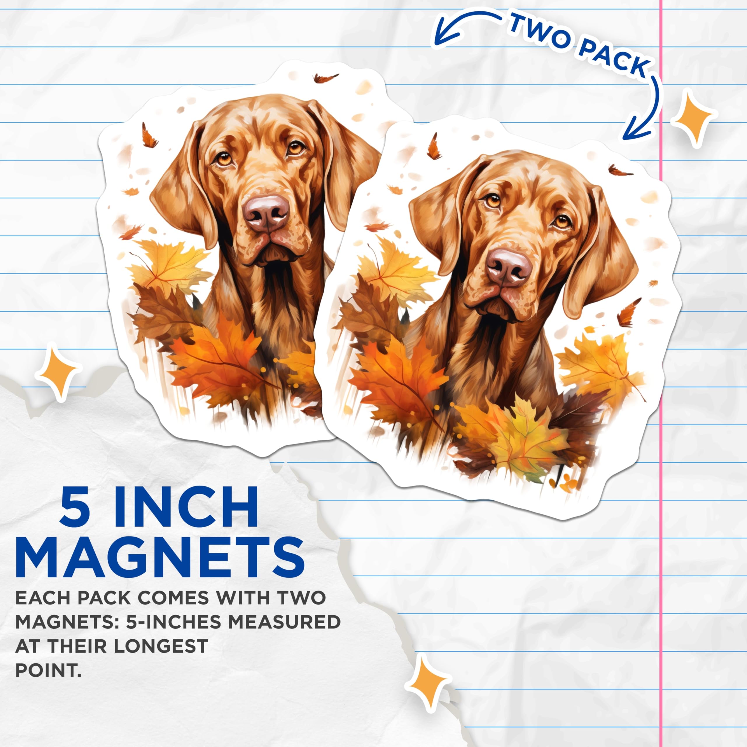(2 Pack) Autumn Vizsla Dog Magnets - Fall Leaves Pet Lover - Rustic Refrigerator Decor - 5 Inches On Longest Side - Thick Durable Magnet - Made in USA - MAG29540