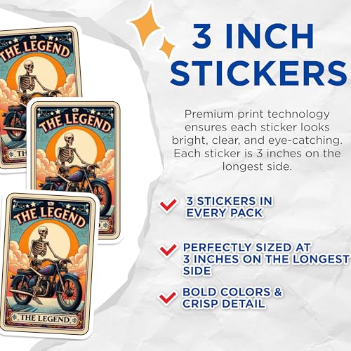 (3 Pack) Skeleton Biker Decals - Motorcycle Legend - Cool Laptop Stickers - 3 Inches On Longest Side - Easy Peel & Apply - Made in USA - 3MCS4213