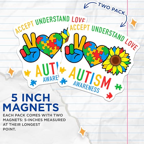 (2 Pack) Accept Understand Love Magnets - Autism Awareness Magnets - Peace Love Inclusion Magnets - 5" On Longest Side - for Cars, Refrigerators, Toolboxes, Lockers - Made in USA MAG3574