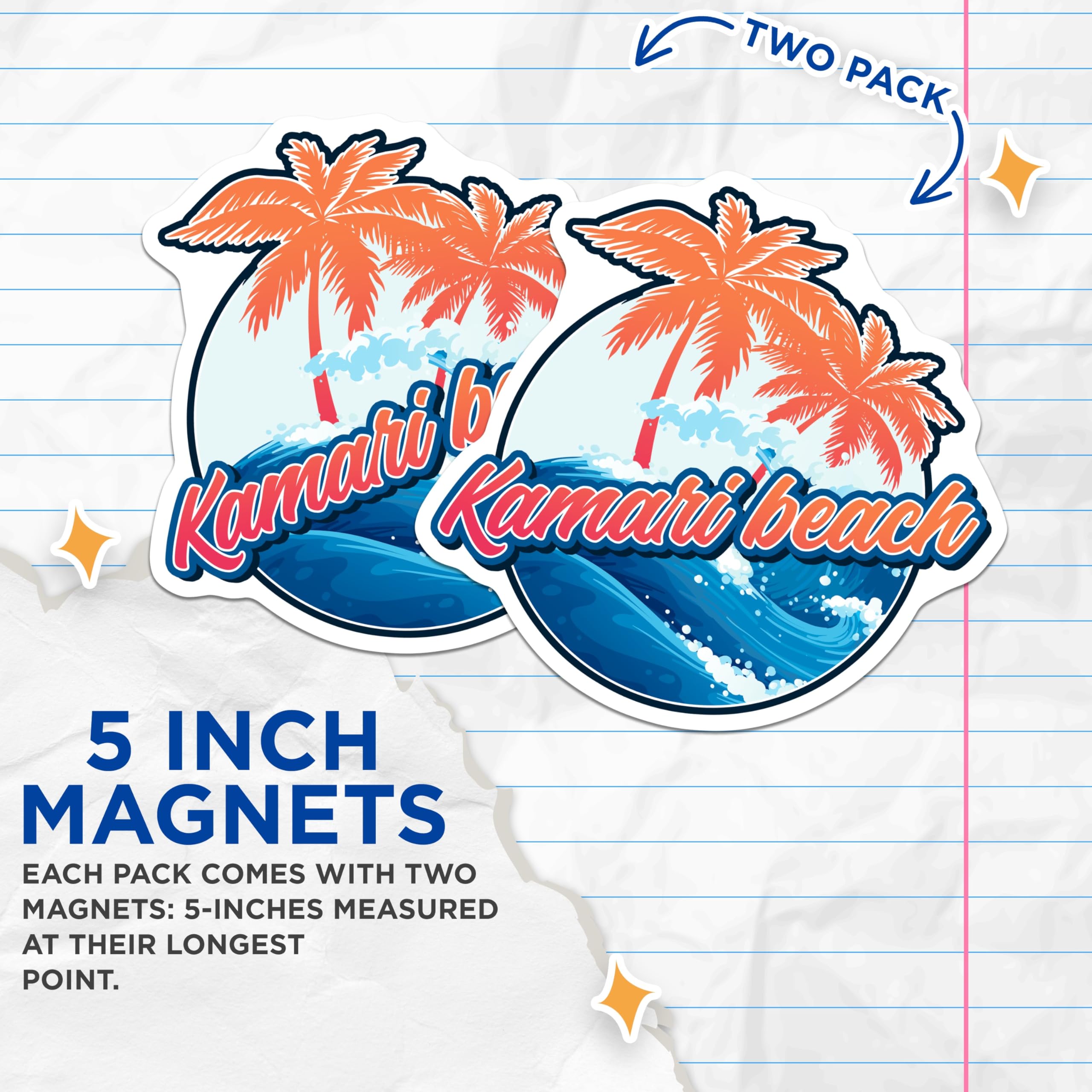 (2 Pack) Kamari Beach Magnets - Tropical Vacation - Ocean Wave Palm Tree - 5 Inches On Longest Side - Thick Durable Magnet - Made in USA - MAG19335