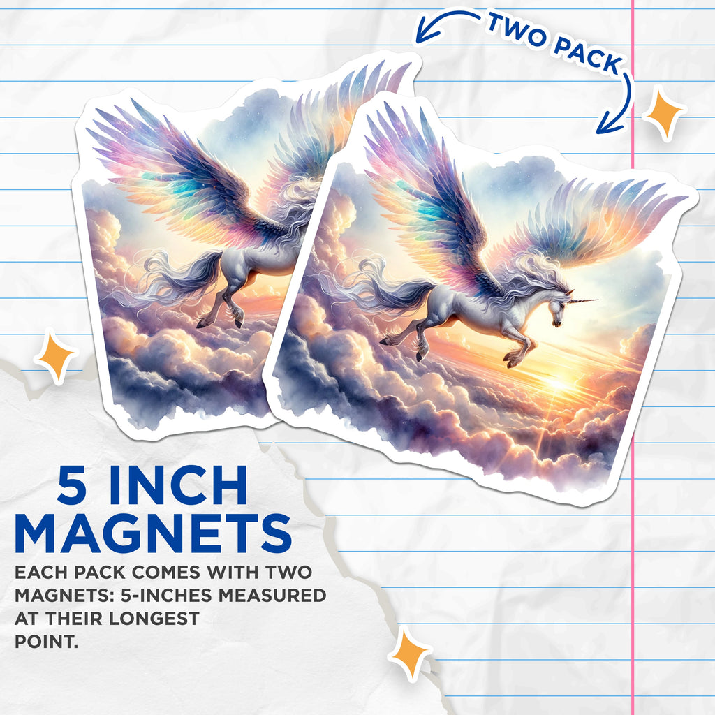 (2 Pack) Rainbow Unicorn Magnets - Flying Fantasy Horse - Magical Creature Fridge Locker Decor - 5 Inches On Longest Side - Thick Durable Magnet - Made in USA - MAG36259