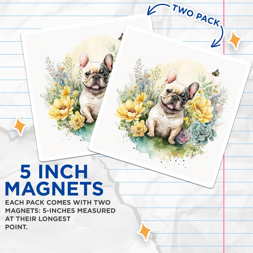 (2 Pack) Bulldog Floral Magnets - Frenchie Dog Art - Refrigerator Magnets - 5" On Longest Side - Premium Magnet - for Cars, Refrigerators, Toolboxes, Lockers - Made in USA - MAG15055