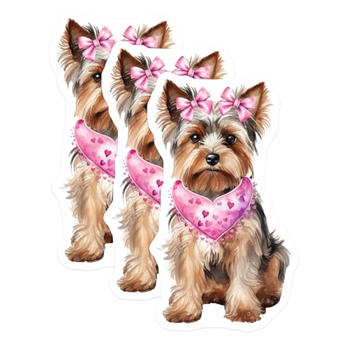 (3 Pack) Yorkie Dog Decals - Cute Puppy with Bows - Heart Scarf Decal - 3 Inches On Longest Side - Easy Peel & Apply - Made in USA - 3MCS2395