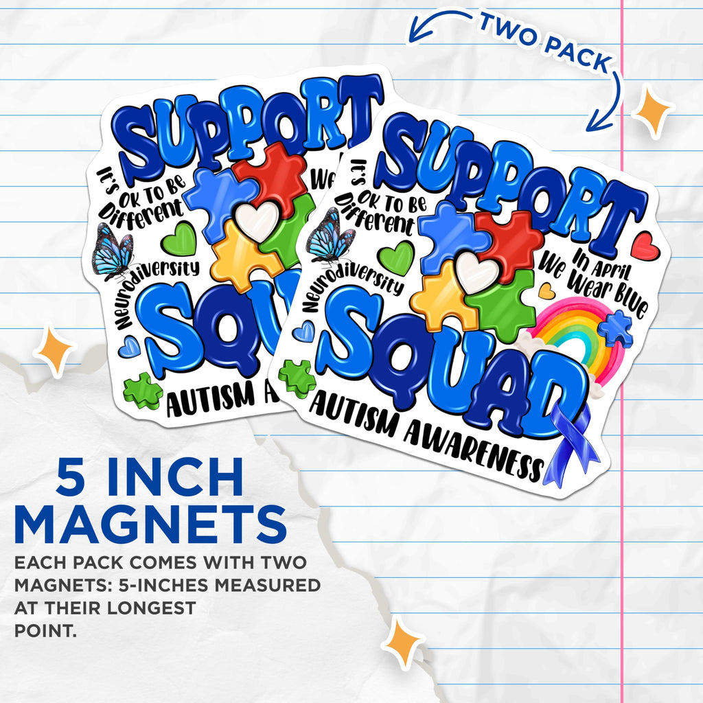 (2 Pack) Autism Awareness Magnets - Neurodiversity Support Squad - Puzzle Piece Blue Ribbon April Awareness Decor - 5 Inches On Longest Side - Thick Durable Magnet - Made in USA - MAG30549