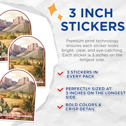 (3 Pack) Guadalupe Mountains Decals - National Park Stickers - Desert Landscape Decal - 3 Inches On Longest Side - Easy Peel & Apply - Made in USA - 3MCS0407