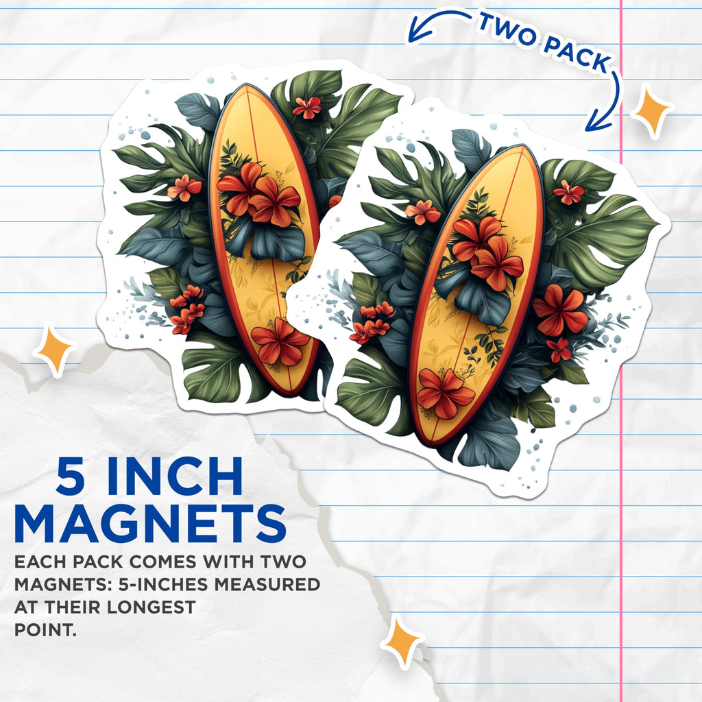 (2 Pack) Tropical Surfboard Magnets - Hawaiian Beach Ocean Decor - Summer Island Life Vibes - Coastal Refrigerator Locker Art - 5 Inches On Longest Side - Thick Durable Magnet - Made in USA - MAG24138