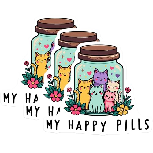 (3 Pack) Cute Cat Decals - My Happy Pills - Kitten Jar Stickers- 3 Inches On Longest Side - Easy Peel & Apply - Made in USA - 3MCS5510