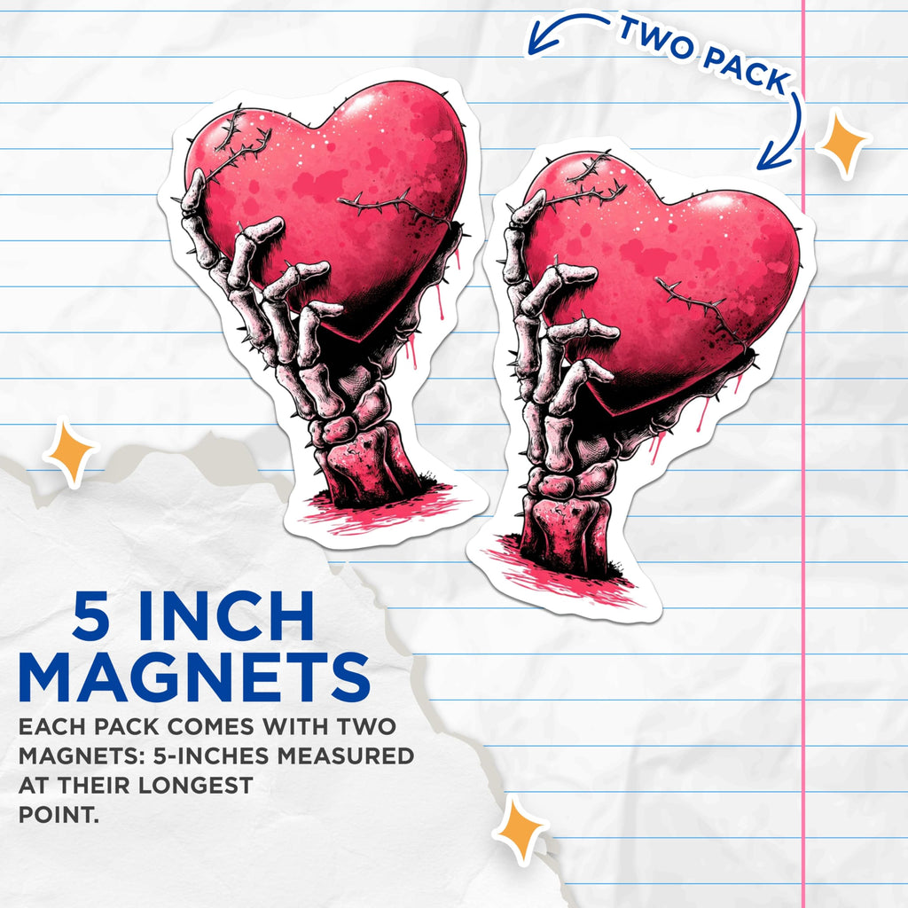(2 Pack) Skeleton Hand Heart Magnets - Bleeding Heart Decor - Dark Romance Art - Macabre Goth Accessories - 5 Inches On Longest Side - Thick Durable Magnet - Made in USA - MAG22377