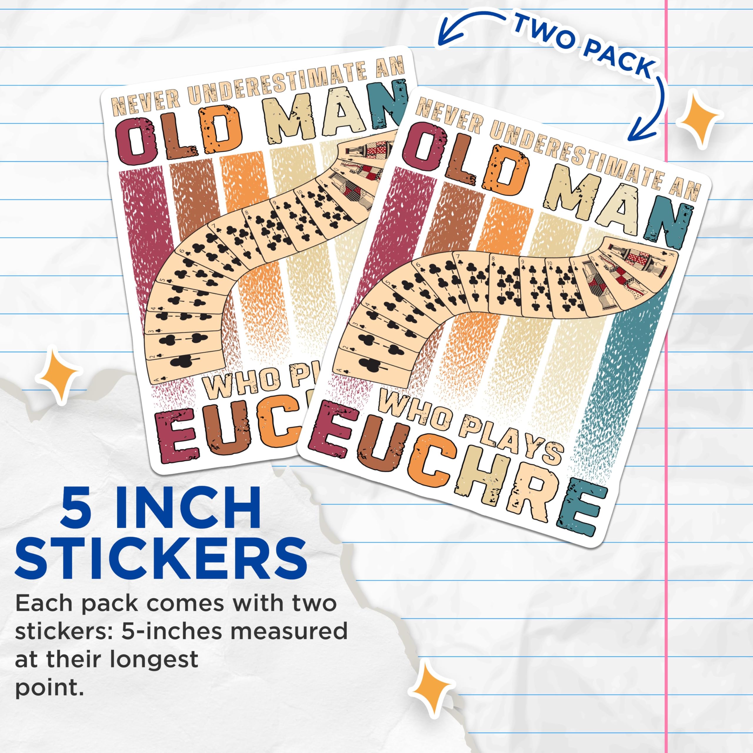 (2 Pack) Euchre Old Man Stickers - Vintage Euchre Player Stickers - Never Underestimate Stickers - 5" On Longest Side - Sticks to Any Smooth Flat Surface - Made in USA - BMCS3466