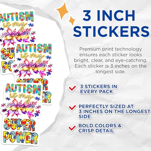 (3 Pack) Autism Awareness Decals - Superpower - Puzzle Piece- 3 Inches On Longest Side - Easy Peel & Apply - Made in USA - 3MCS5413