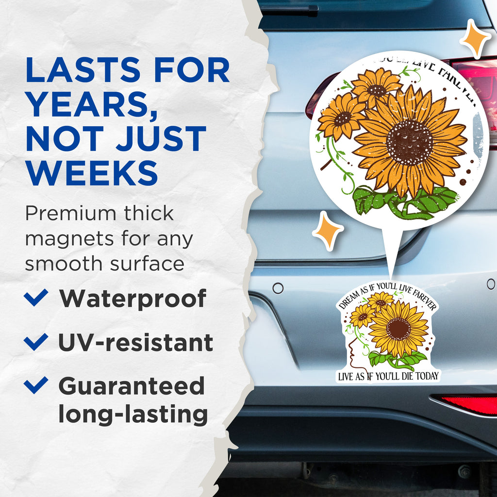 (2 Pack) Sunflower Quote Magnets - Dream Live Forever Today - Motivational Refrigerator Decor - 5 Inches On Longest Side - Thick Durable Magnet - Made in USA - MAG37918