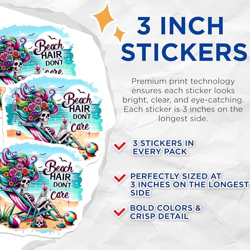 (3 Pack) Beach Hair Decals - Sugar Skull - Summer Vibes Decal - 3 Inches On Longest Side - Easy Peel & Apply - Made in USA - 3MCS8338