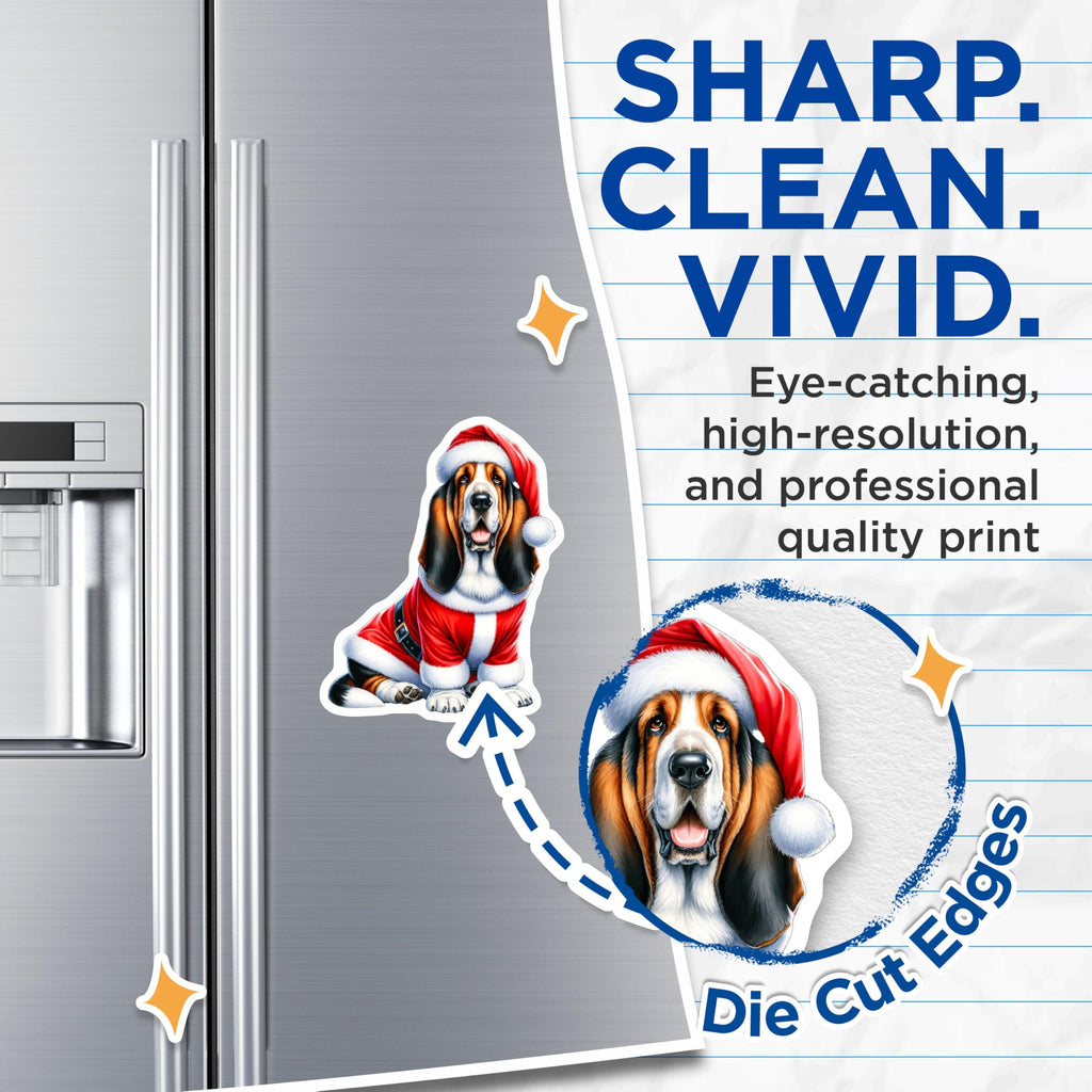 (2 Pack) Basset Hound Santa Magnets - Christmas Dog Refrigerator Decor - Holiday Pet Artwork - 5 Inches On Longest Side - Thick Durable Magnet - Made in USA - MAG29593
