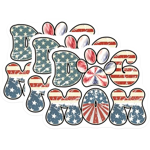 (3 Pack) Dog Mom Decals - Patriotic Dog Lover - USA Flag Decal - 3 Inches On Longest Side - Easy Peel & Apply - Made in USA - 3MCS7427