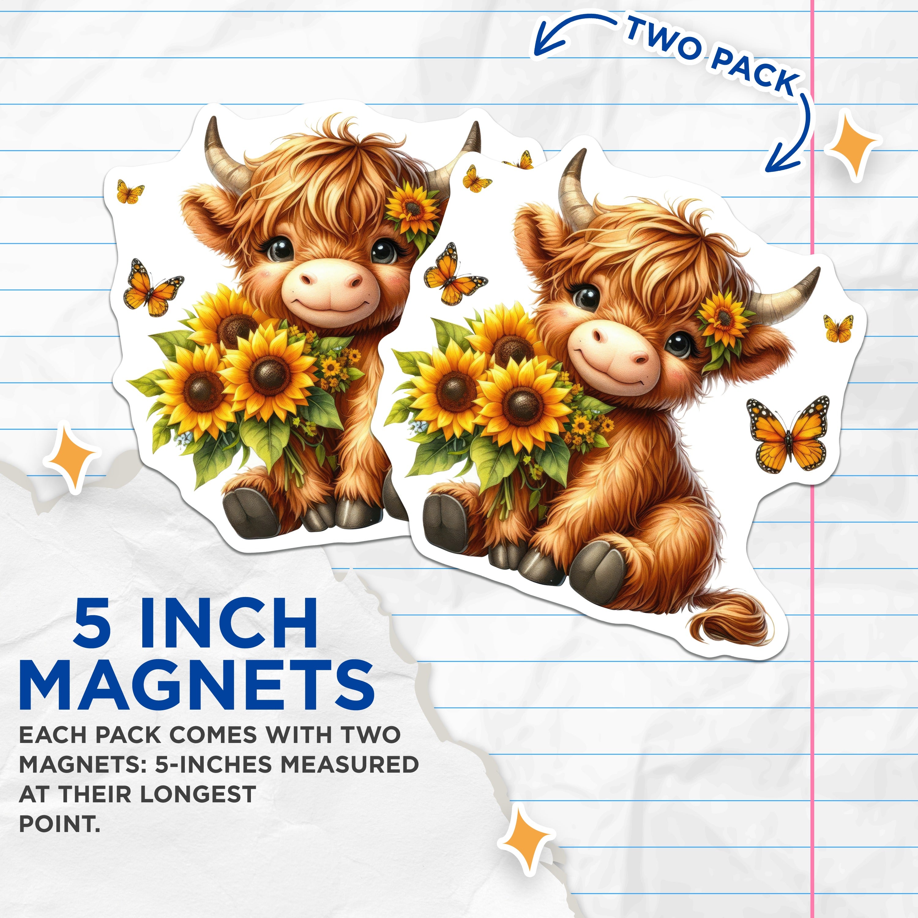 (2 Pack) Cute Highland Cow Magnets - Sunflower Farmhouse Decor - Whimsical Animal Refrigerator Art - 5 Inches On Longest Side - Thick Durable Magnet - Made in USA - MAG39289
