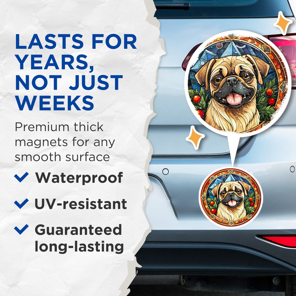 (2 Pack) Stained Glass Pug Magnets - Dog Art Refrigerator Decor - Pet Lover Home Decor - Holiday Pug Collectible - 5 Inches On Longest Side - Thick Durable Magnet - Made in USA - MAG25027