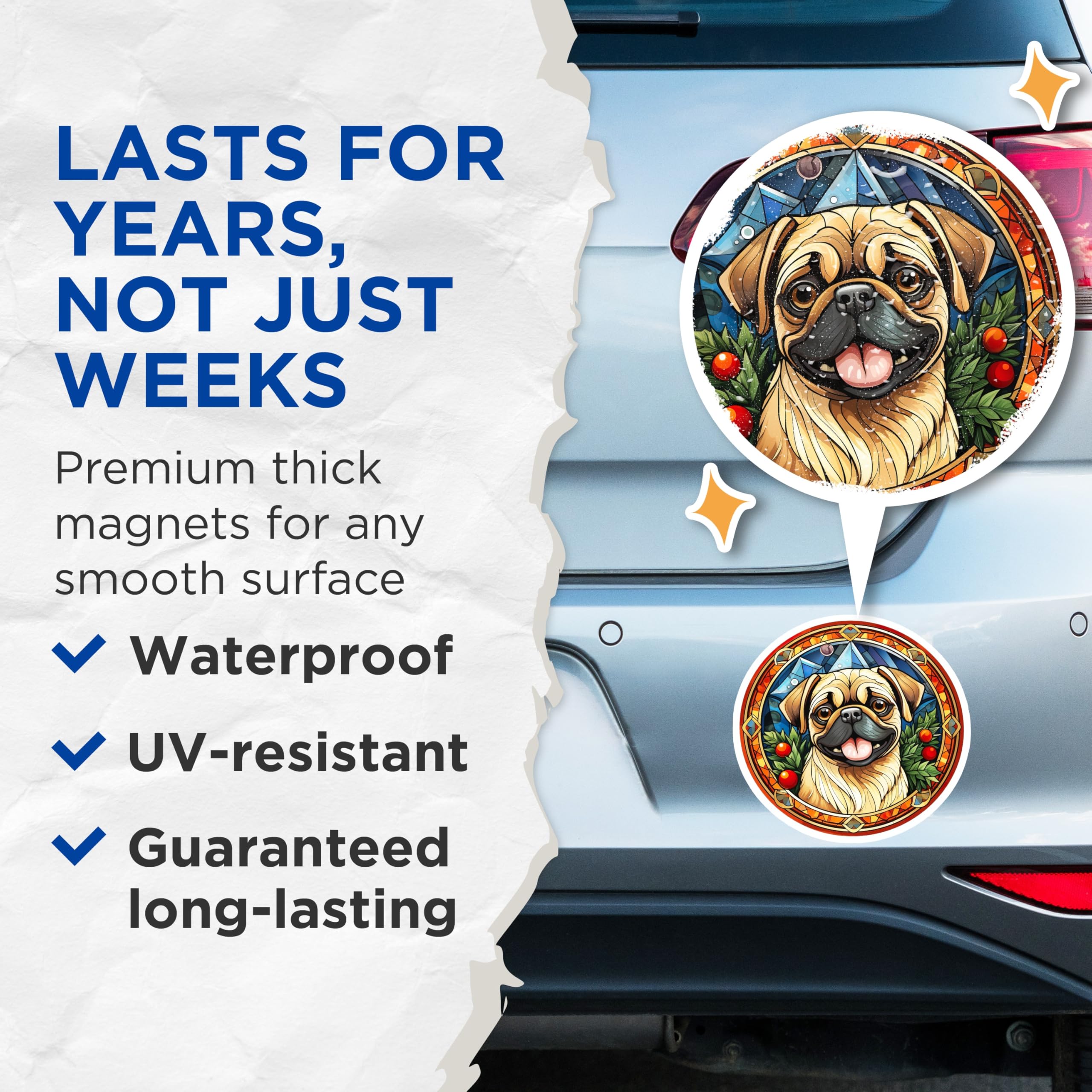 (2 Pack) Stained Glass Pug Magnets - Dog Art Refrigerator Decor - Pet Lover Home Decor - Holiday Pug Collectible - 5 Inches On Longest Side - Thick Durable Magnet - Made in USA - MAG25027