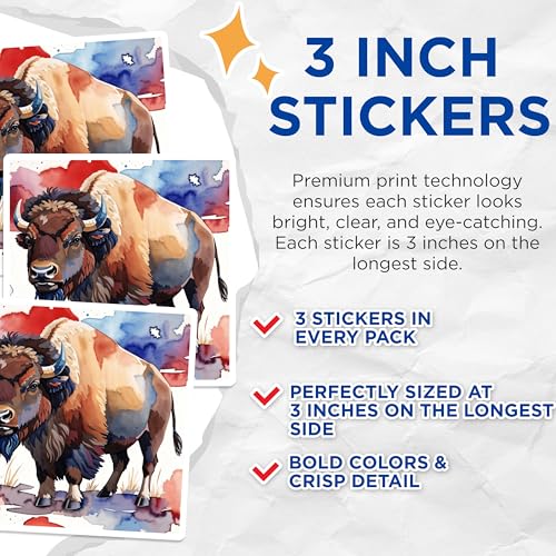(3 Pack) Bison Decals - Watercolor Buffalo Stickers - Laptop Animal Decals - 3 Inches On Longest Side - Easy Peel & Apply - Made in USA - 3MCS7443