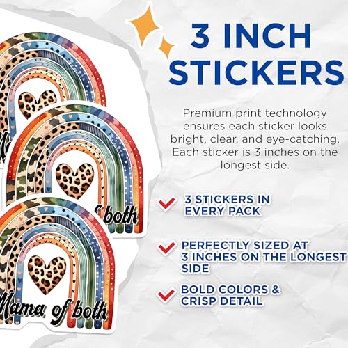 (3 Pack) Mama of Both Decals - Rainbow Decal - Leopard Heart Mom Decal - 3 Inches On Longest Side - Easy Peel & Apply - Made in USA - 3MCS6953